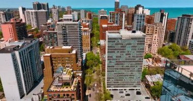 Gökdelenlerin arasında yeşil caddenin üzerinden uçmak. Yeşil alanlar evlerin tepesinde. Chicago, Illinois, ABD.