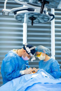 Hastanede çalışan cerrahlar var. Mavi önlüklü iki cerrah modern bir ameliyathanede cerrahi müdahaleye odaklandılar..