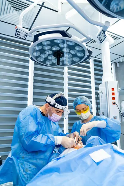 Kritik ameliyatta olan cerrahlar. Önlüklü iki cerrah, ameliyathanede parlak ışıklar altında hassas bir operasyon üzerinde ustalıkla işbirliği yapıyorlar..