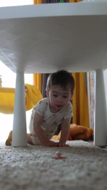 Küçük oğlan masanın altında sürünüyor. Mutlu küçük çocuk evde eğleniyor. Düşük açı. Dikey video
