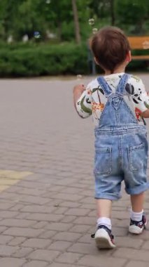 Beyaz çocuk parkta sabun köpüğüyle oynuyor. Gülümseyen bebek baloncukları yavaşça yakalar. Dikey video