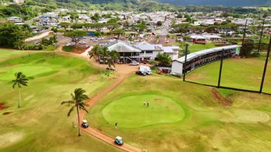Üç adam golf sahasında dikiliyor ve palmiye ağaçları büyüyor. Honolulu, Hawaii, ABD 'nin resimli kentsel manzarası. Hava görünümü.