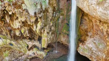 Yosun ve zambaklarla kaplanmış çarpıcı kum taşları. Kayadan gölete küçük bir şelale.