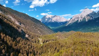 Sersemletici yeşil ormanlar kayalık araziyi kaplıyor. Dağların tepelerine kar serpilmiş durumda. Hava görünümü.