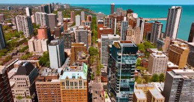 Modern Chicago 'nun yeşil sokaklı güneşli manzarası. Michigan Gölü 'nün rıhtımındaki hava manzarası.