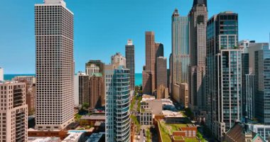 Michigan Gölü kıyısındaki Chicago gökdelenleri. Yeşil caddenin üzerinden rıhtıma giden uçuş. Hava perspektifi.