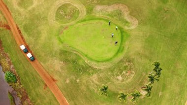 Uçsuz bucaksız sahada dört kişi golf oynar. Yolda iki tane golf arabası var. Hawaii sporu. Üst görünüm.