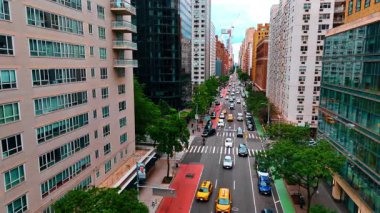 Yeşil ağaçlarla kaplı caddeden birçok araba yaklaşıyor. Modern New York, ABD yollarında hareketli trafik. İnsansız hava aracı görüntüleri.