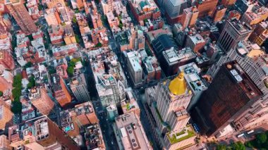 Farklı boy ve yükseklikteki binaların çatısından uçmak. New York, ABD 'nin çeşitli mahalleleri ve caddeleri.