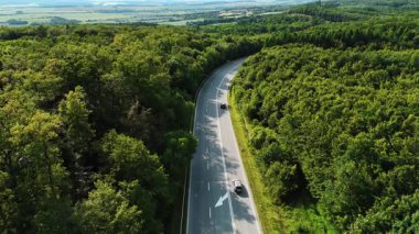 Yeşillik ormanında çarpık bir yol. Araçlar Avrupa 'da berrak bir gökyüzü altında yoğun yeşil ağaçlarla çevrili virajlı bir yolda ilerliyorlar..