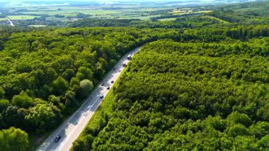 Arabalar yemyeşil ormanı geçerek otoyoldan geçiyor. Havadan bakıldığında güzel doğa manzarası.