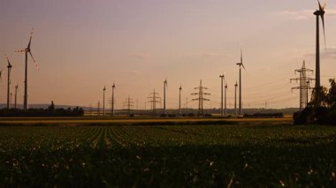 Güneşin batışının ışığında görkemli bir kırsal. Tarımsal alanlarda birden fazla yel değirmeni ve elektrik nakil kulesi.