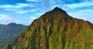 Yosun kaplı muhteşem büyük kaya. Oahu, Hawaii, ABD 'deki dağın etrafında İHA uçuşları.