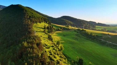 Berrak gökyüzünün altındaki yemyeşil tepeler. Yuvarlanan yeşil tepeler göz alabildiğince uzanıyor, sakin bir manzaradaki sıcak öğleden sonra güneşiyle aydınlanıyor..