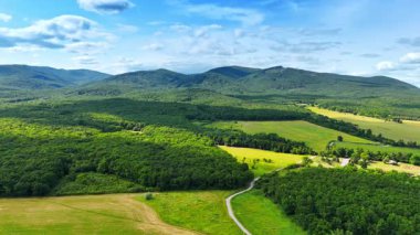 Yuvarlanan tepeleri olan yemyeşil bir manzara. Uçsuz bucaksız yeşil tarlalar ve ormanlar, güneşli bir günde parlak mavi gökyüzünün altında ufuk boyunca uzanıyor..