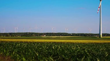 Gündüz rüzgar türbinleri yeşil renkte. Rüzgâr türbinleri, açık mavi gökyüzünün altında yemyeşil bir alanda, yenilenebilir enerji kaynaklarını sergiliyor..
