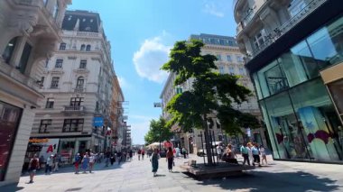 Viyana, Avusturya - 9 Haziran 2025: Birçok insan güzel eski binalar boyunca geniş yaya caddelerinin yanından geçiyor. Avusturya, Viyana turu.