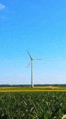 Rüzgar türbini yeşil alanda dimdik duruyor. Geniş bir rüzgar türbini açık mavi gökyüzünün altında canlı yeşil bir alan üzerinde yenilenebilir enerji sergiliyor..