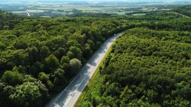 Otlakta birkaç arabayla otoban üzerinde uçmak. Slovakya 'daki vahşi yaşam üzerine İHA görüntüleri.