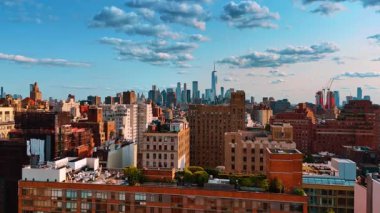 Ağaçlar ve çalılar çok katlı binaların çatılarında yetişir. İnsansız hava aracı görüntüleri modern New York, ABD 'nin şehir manzarasının üzerinde..