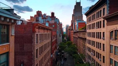 New York, ABD 'deki eski moda binalar. Yol boyunca birden fazla yeşil ağaç yetişir. İnsansız hava aracı görüntüleri.