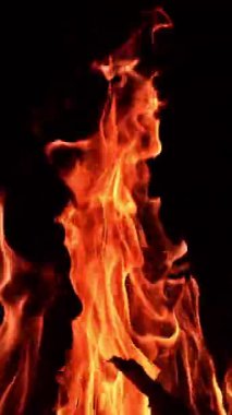 Büyük bir kamp ateşinde yanan tahta çubuklar. Havada süzülen uzun alev dilleri. Siyah zemin. Dikey video