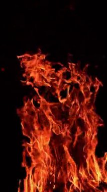 Geceleri turuncu alevler. Karanlıkta yanan güzel bir hipnotize edici kamp ateşi. Dikey video