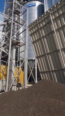 Kocaman metal tahıl ambarları. Tarım ürünlerinin kuru temizleme ve depolanması için gümüş silolar
