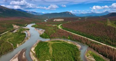 Çam ağaçlarının arasında akan dallı bir nehir. Birkaç araba nehir boyunca otoyol boyunca hareket ediyor. Arkaplanda güzel dağlar. Alaska.