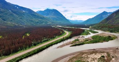 Dallanan nehir, çam ağacı ormanı ve manzarayı geçen otobanı olan pitoresk vadinin üzerindeki görüntüler. Nehrin deltasını çevreleyen muhteşem dağlar.