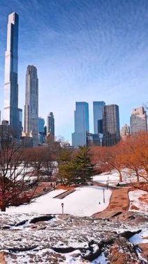 Şehir parkının etrafını saran inanılmaz gökdelenler ve binalar. New York, ABD 'deki Central Park' ta kış. Dikey video.