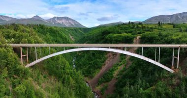 Alaska vadilerindeki köprüler. Alaska 'daki yemyeşil bir vadinin üzerindeki muhteşem bir köprü manzarası görkemli dağlar ve berrak mavi gökyüzü tarafından çerçevelenmiş..