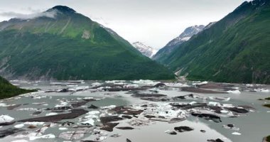 Alaska 'nın çarpıcı buzulları. Uçsuz bucaksız buz oluşumları Alaska 'da bulutlu gökyüzünün altındaki yeşil dağlarla tezat oluşturuyor. Doğanın nefes kesici güzelliğini gözler önüne seriyor..