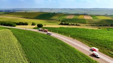 Yeşillik tarlalardan geçen manzaralı otoyol. Dolambaçlı bir otoyol açık mavi gökyüzünün altındaki canlı yeşil çayırları kesiyor. Yoldan geçen kamyonlar.