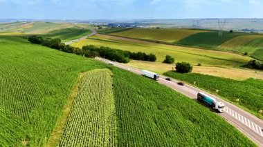 Yeşil tarlalar ve karayolu gökyüzü. Bereketli yeşil sınırlarla kaplı yuvarlanan tepeler dolambaçlı bir yol..