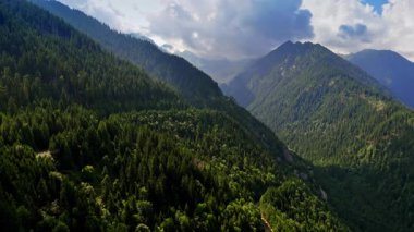 Dağ ormanı manzaralı. Bereketli yeşil dağlar bulutlu bir gökyüzünün altında yeryüzüne yayılıyor ve bölgedeki doğanın güzelliğini sergiliyor..