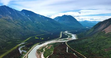 Sisli dağlarda akan güzel dallanan nehir. Alaska, ABD 'de insansız hava aracı görüntüleri..