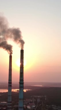 Gün batımında tüten büyük fabrika tüpleri. Büyük endüstriyel ekoloji duman binası. Dikey video