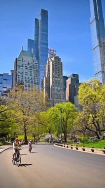 New York, USA, 1 August 2025: Bicyclists on a sunny road in Central Park with Manhattan skyline.