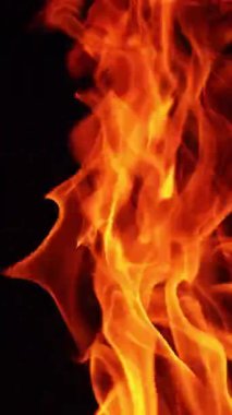 Karanlıkta parlak alevler yükseliyor. Geceleri rüzgarda sallanan şenlik ateşi dilleri. Kapatın. Dikey video