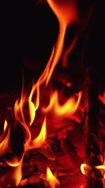 Şenlik ateşinde yanan odunların büyüleyici manzarası. Kamp ateşinde yanan kırmızı közler parlıyordu. Kapatın. Dikey video