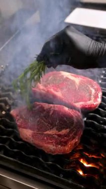 Izgarada çiğ pirzola ve otlar. Izgaraya baharatlı ve biberiyeli iki çiğ pirzola..