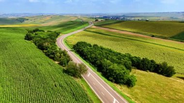 Romanya 'daki yama alanları ve göl. Mavi gökyüzünün altında renkli tarım arazilerinin ve yansıtıcı gölün havadan çekilmiş fotoğrafı.