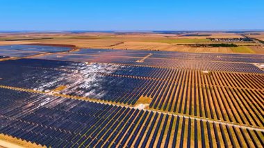 Solar farm with sunlight reflections on panels. Shiny solar panels reflecting the sun in a massive renewable energy farm.