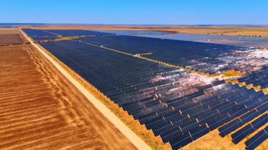 Solar panels farm. Large scale photovoltaic power farm providing renewable energy in Romania.