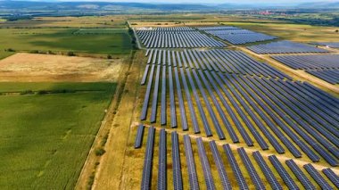 Close up of solar panels rows. Detailed view of solar panels in lines producing renewable electricity.