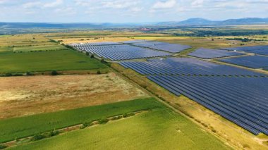 Efficient solar power system. Endless installation of solar panels producing renewable green energy.