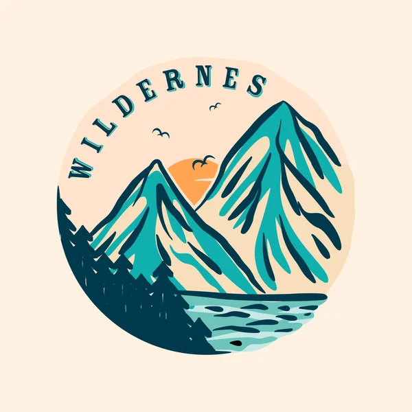 Vintage illustration of mountain landscape with letter Wildernes. Vector illustration