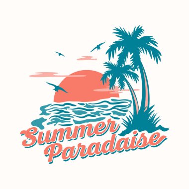 Sunset on the beach with letter Summer Paradise template background. Vector illustration