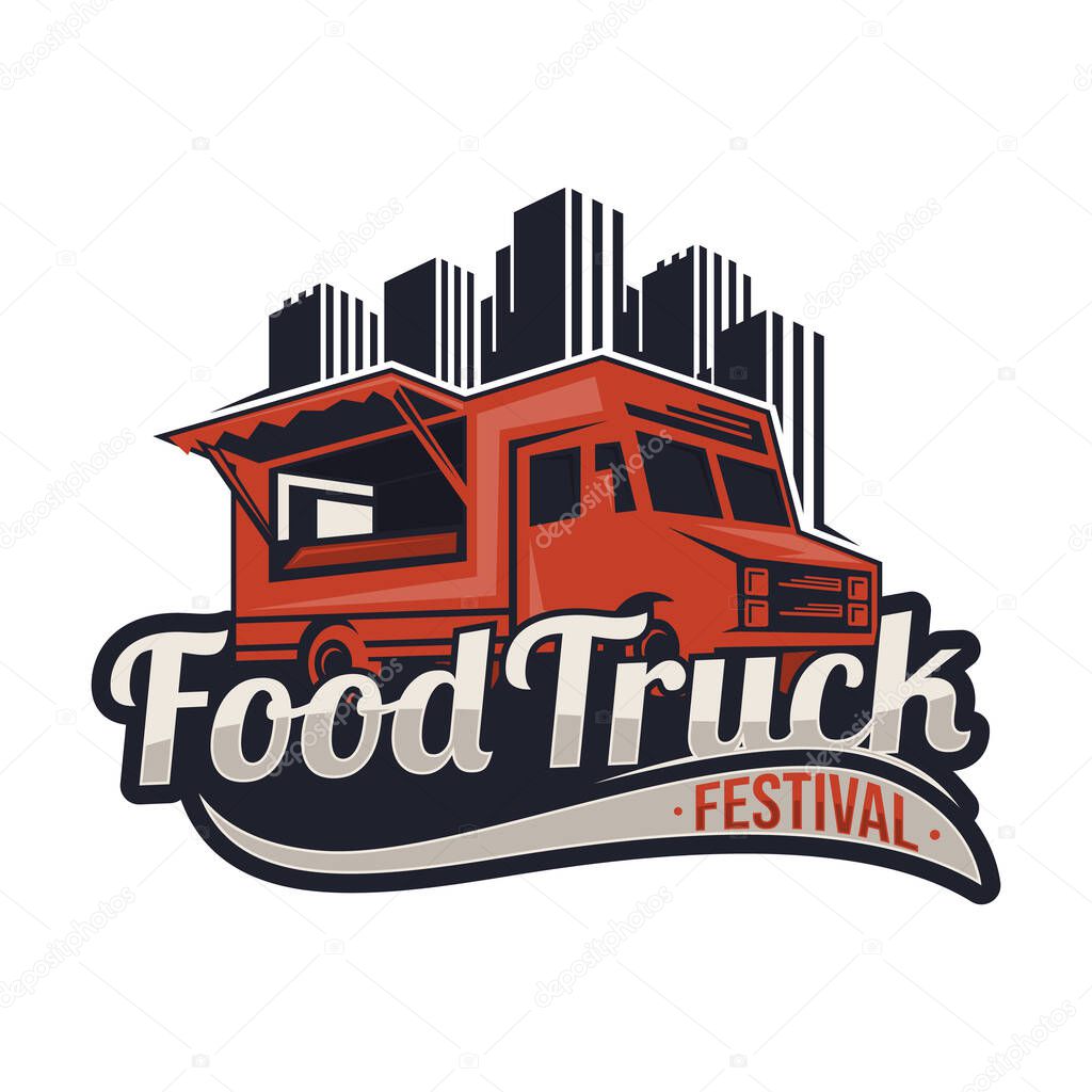 Food Truck Festival retro look with skyline vector template. Vector illustration